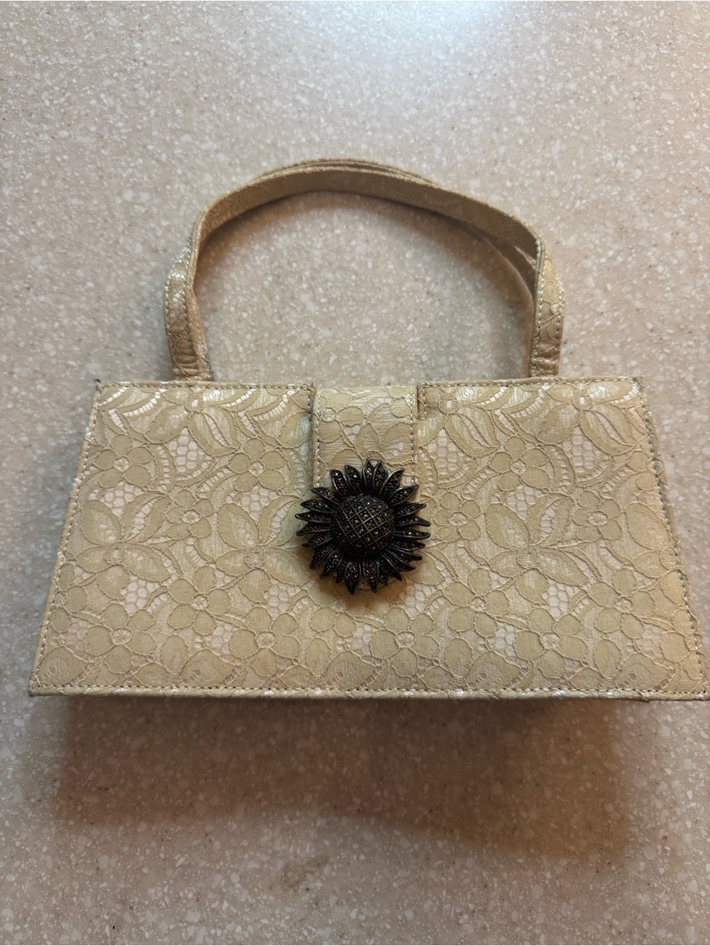 Judith Jack Elegant Handbag Cream Lace Metal Sunflower Gem Detail